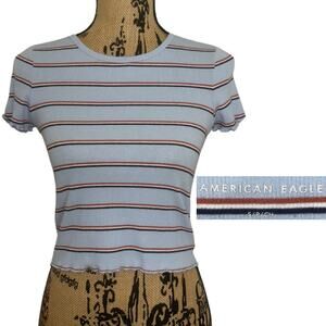 American Eagle Striped Ribbed Lettuce Hem Short Sleeve Crop Top Blue Size Small